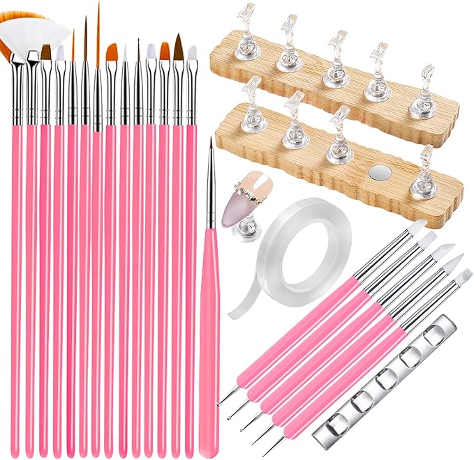 Nail Stand For Press On With Nail Art Brushes Nail Holder For Painting Practice Display Presson Nails Nail Art tools Set with Nail Dotting 3D Sculpting tools, Practice Kit Tech
