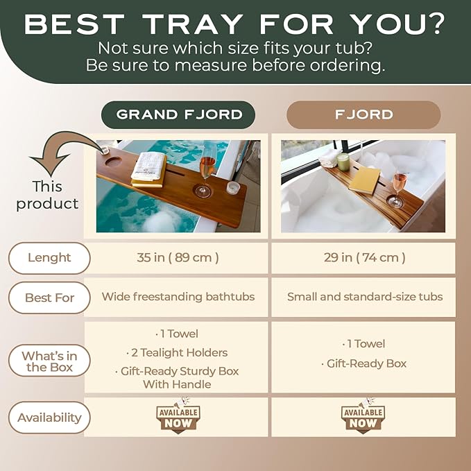 Teak Bathtub Tray for Tub 35” | Bath Tub Tray Wood for Large & Freestanding Tubs, Bathtub Trays for Tub, Bath Tray for Tub, Bath Table Tray | Grand Fjord by JapandiSpirit