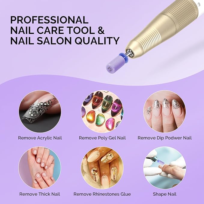 MelodySusie Ceramic Nail Drill Bits, 3/32'' Chamfer Flat Top Large Barrel Bits, Fast Remove Acrylic or Hard Gel, Nail Tool for Manicure Pedicure, Salon Home, Professional or Beginner, Purple, Medium