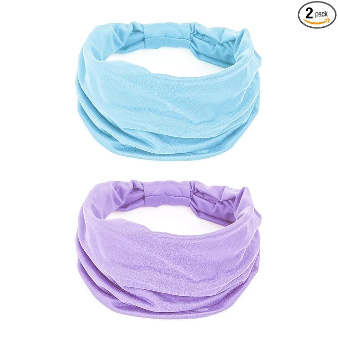 GiLi 2 Pack Wide Headbands for Women Boho Knotted Non Slip Fashion Hair Bands Yoga Running Sports Workout Gym Head Wraps Elastic Soft Cotton Cloth Turbans Bandana for Girls (Light Purple,Light Blue)