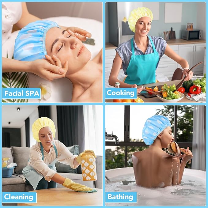 WSICSE 2 Packs Large Shower Cap, Waterproof Reusable Shower Cap Double Layers Hat Bath Caps with Hair Scrunchies for Home Spa Salon, blue, yellow