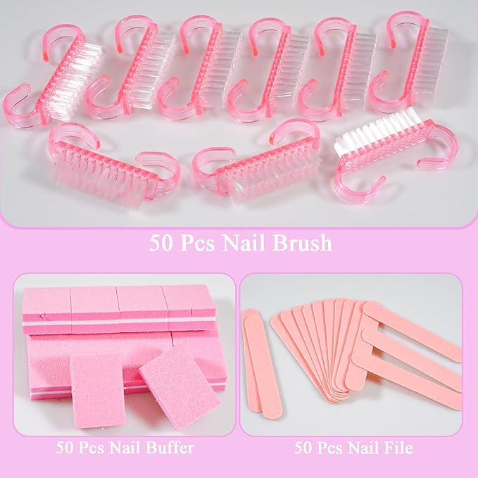 Disposable Manicure Kit Professional, 50 Set Press On Nail Tool Kit with Nail File, Nail Buffer, Nail Buffer Block, Nail Handle Brush, Wood Stick, Packaging Bag (Pink-50pcs)