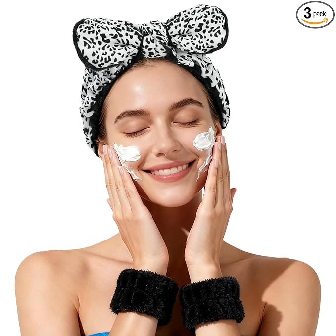 Fmeida Spa Headband and Wrist Bands for Washing Face - Soft Headbands for Women's Hair, Skin Care Facial Hairband, White Leopard, 3-Pack