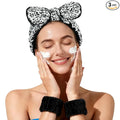 Fmeida Spa Headband and Wrist Bands for Washing Face - Soft Headbands for Women's Hair, Skin Care Facial Hairband, White Leopard, 3-Pack