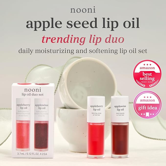 NOONI Korean Lip Oil Set - Appleberry & Applewine - Long-Lasting, Moisturizing, Revitalizing - Waterproof, No Peel Off, Stocking Stuffers (2EA, 0.12 fl oz)