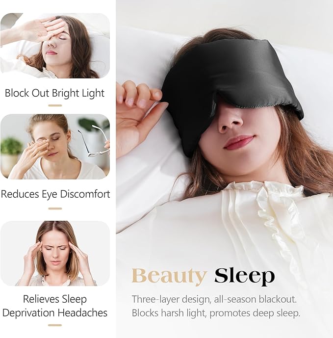 100% Mulberry Silk Sleep Mask, Comfortable Soft for Deep Sleeping, Blackout Effect, Adjustable Length, Eye Masks for Sleep Women and Man, Travel&Office&Daily use (Black)