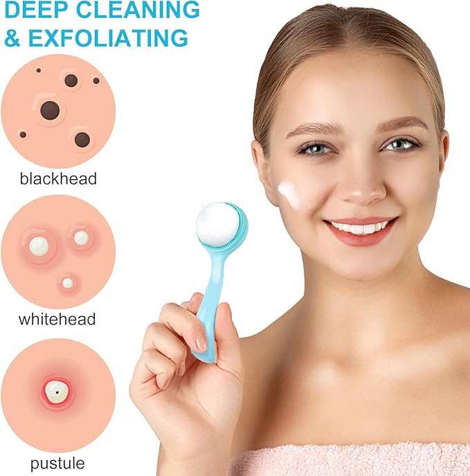 HINZIC Silicone Manual Facial Cleansing Brush, Skin Friendly Waterproof Face Cleaning Scrubber Exfoliator Cleanser for Blackheads Whiteheads Makeup Residues Removal- Blue