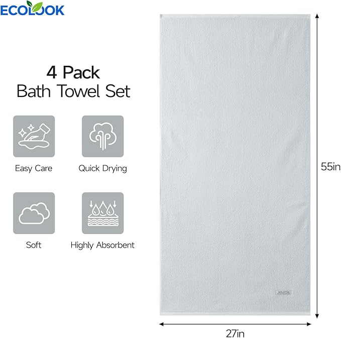 ecolook Bath Towels Set of 4,100% Cotton,27 x 55 Inches,Quick-Drying & Absorbent,Soft,Lightweight Towels for Bathroom,Shower,Spa, Gym & Hotel,Light Gray