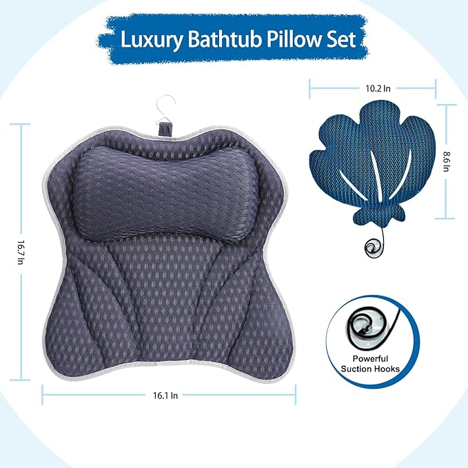 Luxury Bath Pillow and Hot Tub Scum Absorber Set, Bath Pillows for Tub with 6 Powerful Suction Cups, Hot Tub Scum Absorber, Fits All Bathtub