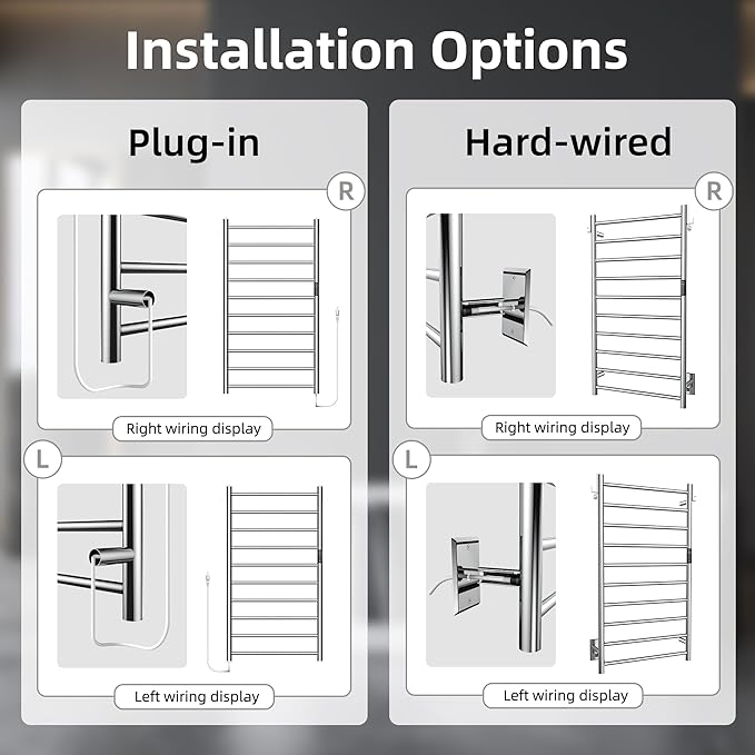 P&Dlusir Towel Warmer, Heated Towel Rack with Smart Timer and Thermo Control, Wall-Mounted Heated Towel Rail, Stainless Steel, Hard-Wired/Plug-in, Polished, 10 bar