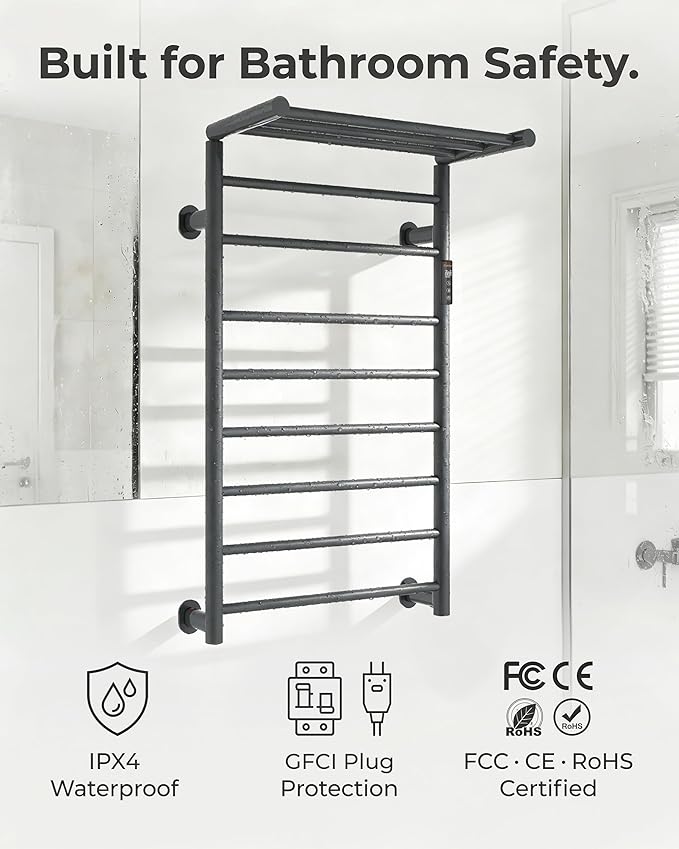 Foldable Heated Towel Rack, Dual-Zone Electric Towel Warmer Rack with Timer, GFCI Plug-in or Hardwired, Wall-Mounted, Drill-Free Installation, Twilight Grey, CA3-1100X550-Standard-TG