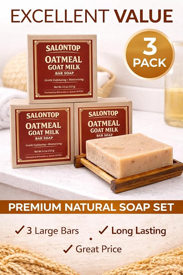 Oatmeal Goat Milk Soap Bars 3 Pack 4.25oz Each with Bamboo Soap Dish, Moisturizing Bath Soap for Sensitive Skin, Dry Skin Relief Cleanser, Gentle Face & Body Soap, Made in USA