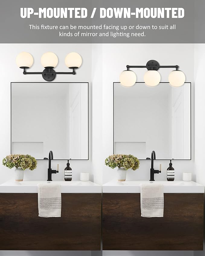 AKEZON 3-Light Black Bathroom Vanity Light Fixture, Modern Minimalist Vanity Lights with Milky White Glass Globe Shade, Wall Sconce Over Mirror Lighting for Bathroom Dressing Table Bedroom Living Room