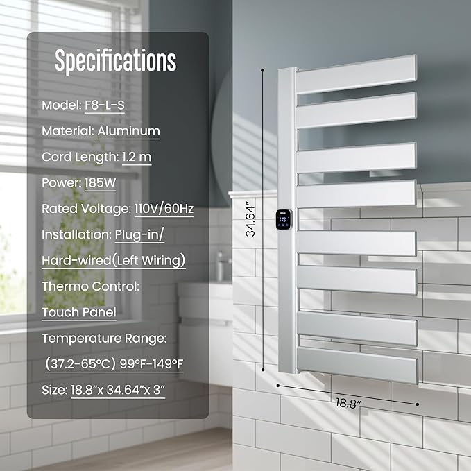 Towel Warmer, Heated Towel Rack with Built-in Timer and Temperature Control,Hard-Wired(Left-Wiring)/Plug-in Wall-Mounted Towel Rail, Aluminum, 18.8" W X 34.64" H, Silver