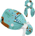 Adjustable Brown Dachshund Dog Blue Surgical Scrub Cap with Button,Sweatband for Women with Bow Hair Scrunchy