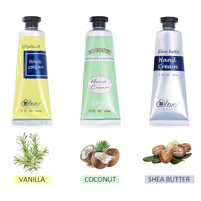 BODY & EARTH # LOVE Hand Cream Gift Set, Mothers Day Gifts for Mom, Mini Moisturizing Hand Lotion with Vitamin E for Dry Hands Cream Travel Size, Nurse Week Gifts, 3 x 2 OZ