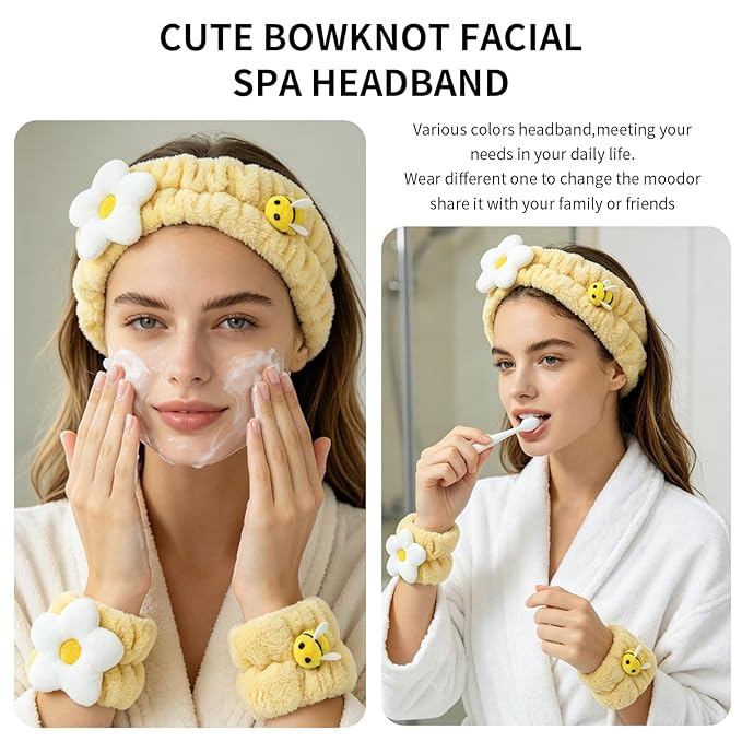 PERFECTSIGHT Kawaii Headband for Spa, Makeup, Washing Face, Party - 2 Pack Cute Hair Band for Shower Beauty Skincare, Soft Facial Headbands for Girls and Women (Yellow Flower Bee)
