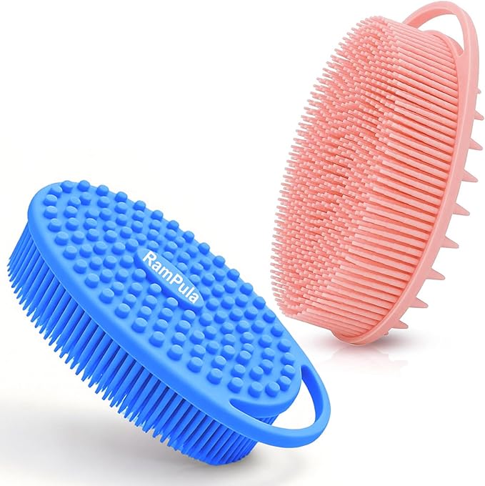 RamPula Silicone Body Scrubber, Silicone Loofah, Quick-Dry Exfoliating Body Brush for Wet or Dry Brushing, More Hygienic Than Traditional Loofah, Long-Bristle Brush, Navy Blue and Pink