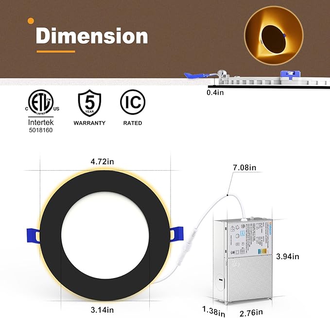 VOLISUN 12 Pack 4 Inch Black Recessed Light with Night Light, Canless LED Recessed Lighting 4 inch, 2700K-5000K Selectable, 9.5W=80W,810LM Soffit Lighting Outdoor Recessed Lights, ETL Certificated