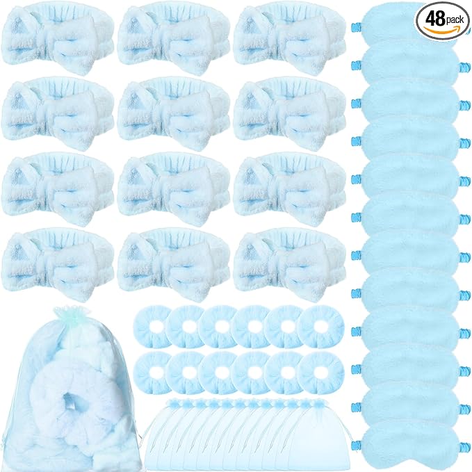 Mimorou 48 Pieces Spa Party Supplies Gift for Mother's Day 12 Spa Headband 12 Plush Sleep Eye Mask 12 Velvet Scrunchies 12 Organza Bags for Sleepover Slumber Party Graduation Gift(Blue)