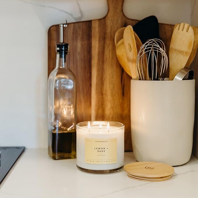 Calyan Wax Co. Lemon & Sage 3 Wick Scented Candle - 43 Hour Burn - Luxury 3 Wick Soy Candles - Soy Wax Candles - Long Lasting Large Glass Jar Candle for Home - 14.9oz