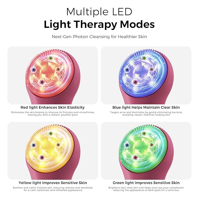 Face Scrubber Facial Cleansing Brush - Waterproof and Rechargeable Face Cleansing Brush with 4 LED Gentle Light, Cleansing, Exfoliating and Massaging, Electric Face Scrub Brush for Men & Women