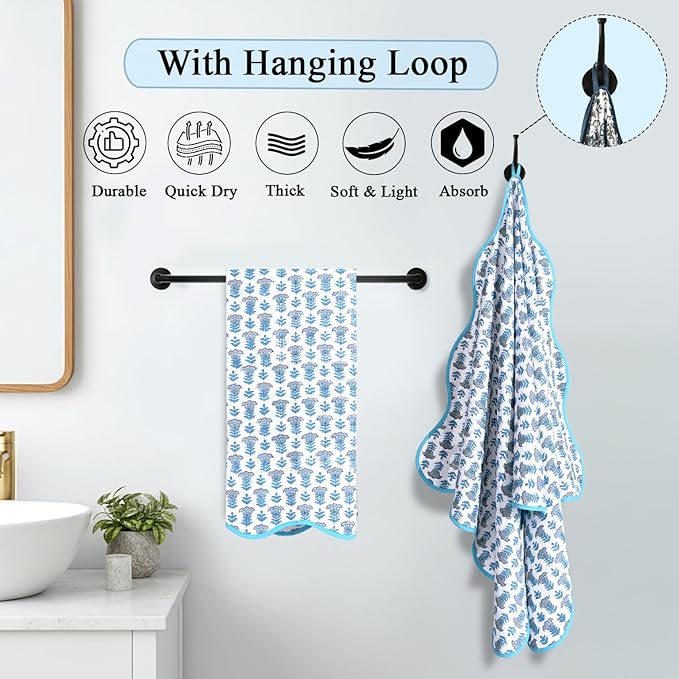 Ridhi Block Print Aquamarine Blue Cotton Spa Towel 27"x54" Set of 2 Handmade Bath Towel, Quick Dry Turkish Style Bath Sheet, Soft Absorbent Luxury Towel for Home, Gym & Spa, Boho Bathroom Decor