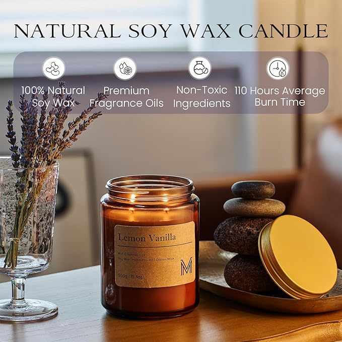 M&SENSE Lemon Vanilla Scented Christmas Candle Gift | 19.4oz, 115-Hour Burn | Natural Organic Soy Wax | Long-Lasting for Stress Relief and Gifting | for Christmas, Thanksgiving, Holiday
