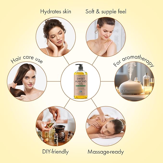 Majestic Pure Oil - 100% Pure and Natural- Cold Pressed & Hexane Free Natural Hair Growth Oil for Eyelashes, Eyebrows, Skin, Body, Face, Nails & Scalp - Sweet Almond Oil 8 Fl Oz