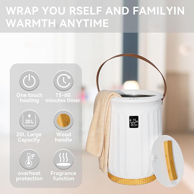 Large Towel Warmer for Bathroom, Luxury Heated Towel Warmer Bucket for SPA, Auto Shut Off, Fits Up to Two 40"X70" Oversized Towels, Bathrobes, Blankets, PJ's and More, Best Ideal Gifts - White, 20L