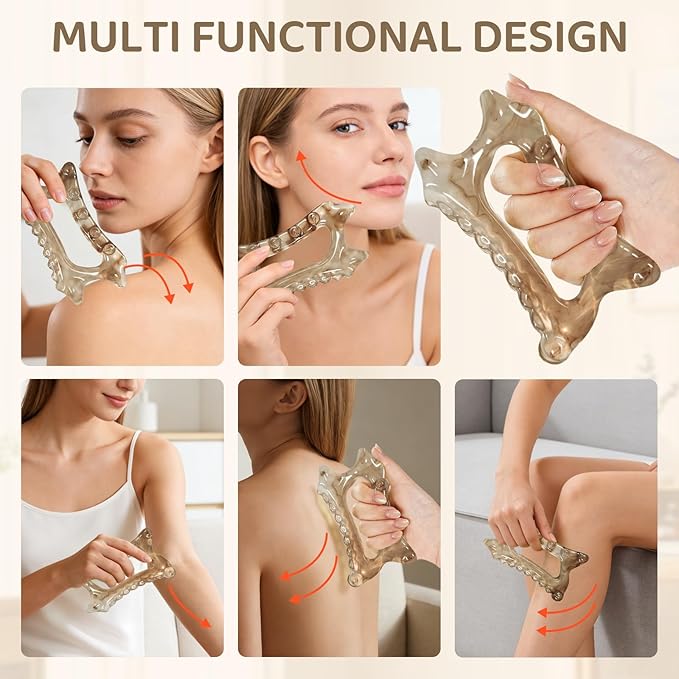 6-in-1 Resin Body Gua Sha Facial Tools - Lymphatic Drainage Tool, Face Gua Sha Tool & Acupressure Tool - Body Guasha Tool, Trigger Point Massage Tool Fascia &Cellulite Massager(Amber)