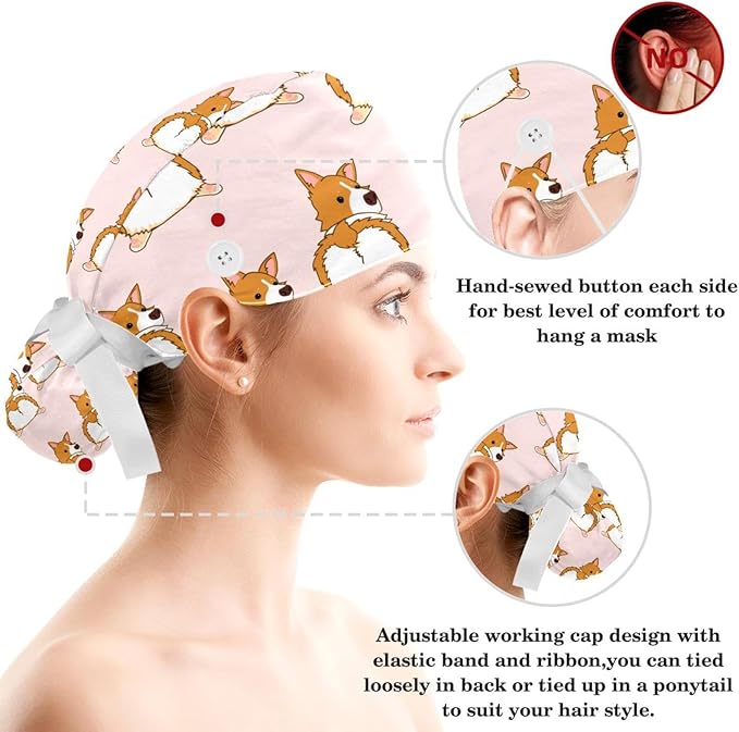 Ethnic Aztec Pattern Adjustable Scrub Cap Hat with Button, Working Hat Sweatband with Bow Hair Scrunchy for Woman