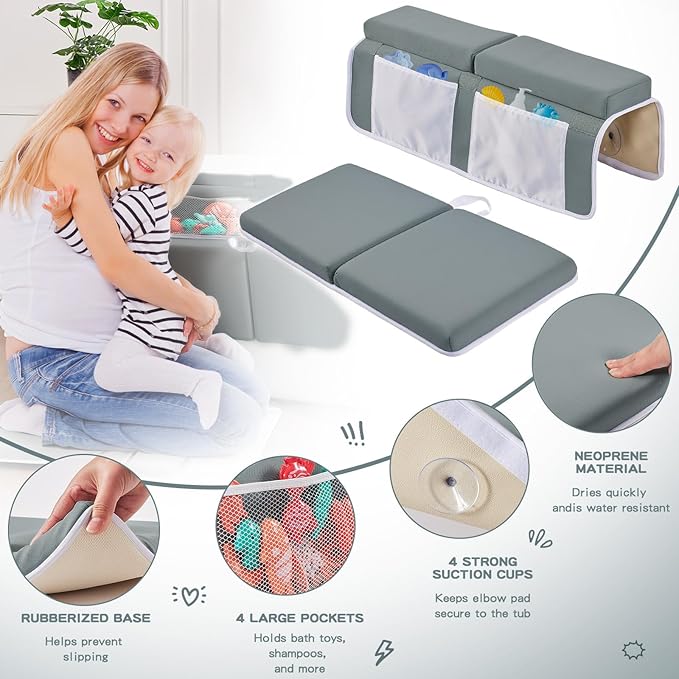 Baby Bath Kneeler and Elbow Rest Pad Set,Bath Kneeling Pad Thick Soft Quick Dry Bathtub Mat for Bathing Time,Baby Essentials Memory Foam with Toys Organizer Gifts for Parents,Dark Grey