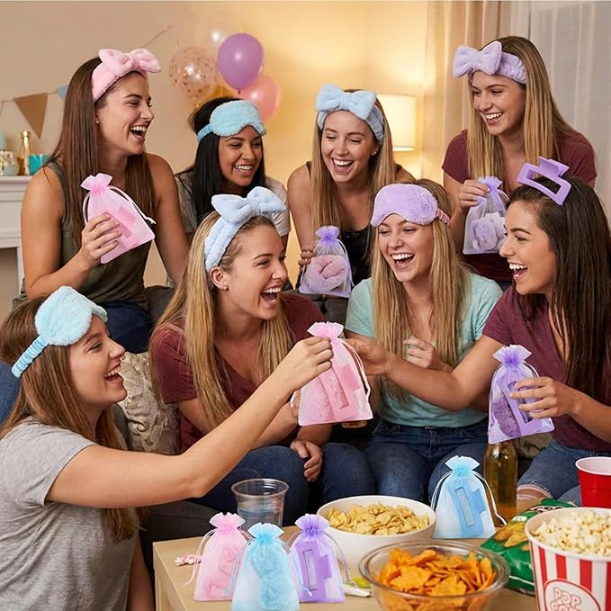 48 Pcs Spa Party Supplies Sleepover Essentials Gift for Mother's Day Spa Headband Plush Eye Mask Claw Clips Organza Bag for Women Adult Slumber Party Supplies (Pink,Blue,Purple)