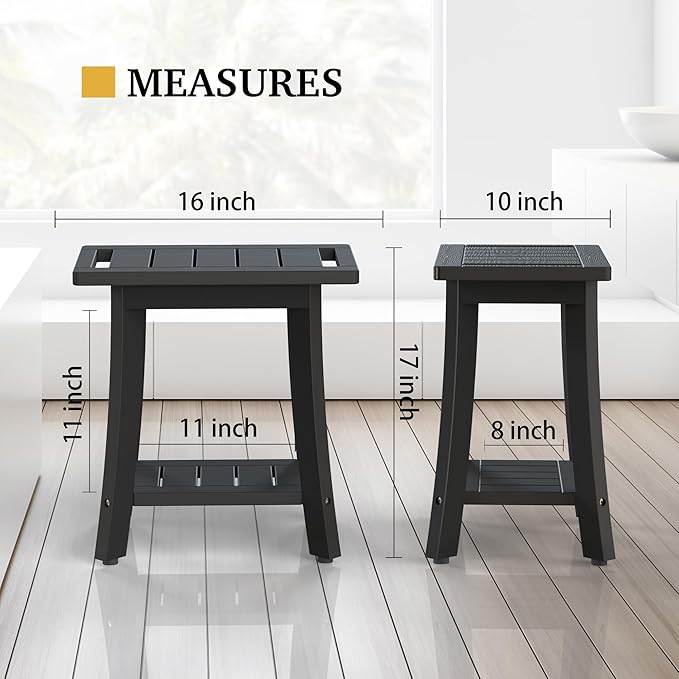 HIPS Shower Bench Inside Shower Stool with Storage Shelf, Waterproof Spa Bath Chair for Bathroom, Seat or Organizer for Living Room, Bedroom - Great for All Ages Unisex Elderly (Small, Black)