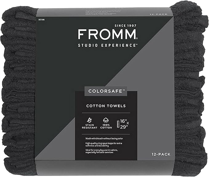 Fromm ColorSafe 100% Cotton Bleach Proof Salon Hair Towels for Hairstylists, Barbers, & Spa, 16" by 29", Absorbent Stain Resistant Towels for Drying All Hair Types, Color Safe Towels, Black 12-Pack