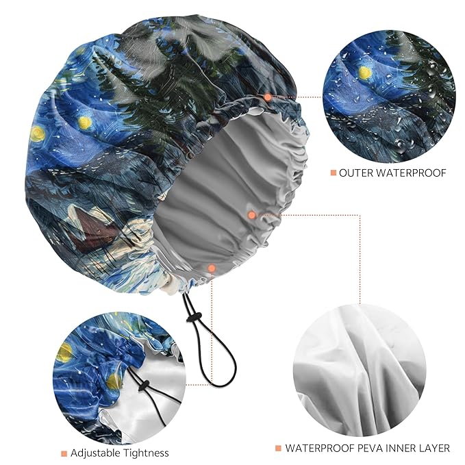 Shower Cap Reusable Double Layer Adjustable Elastic Waterproof EVA Hair Bath Caps for Women Girls Cute Aesthetic-Starry Night