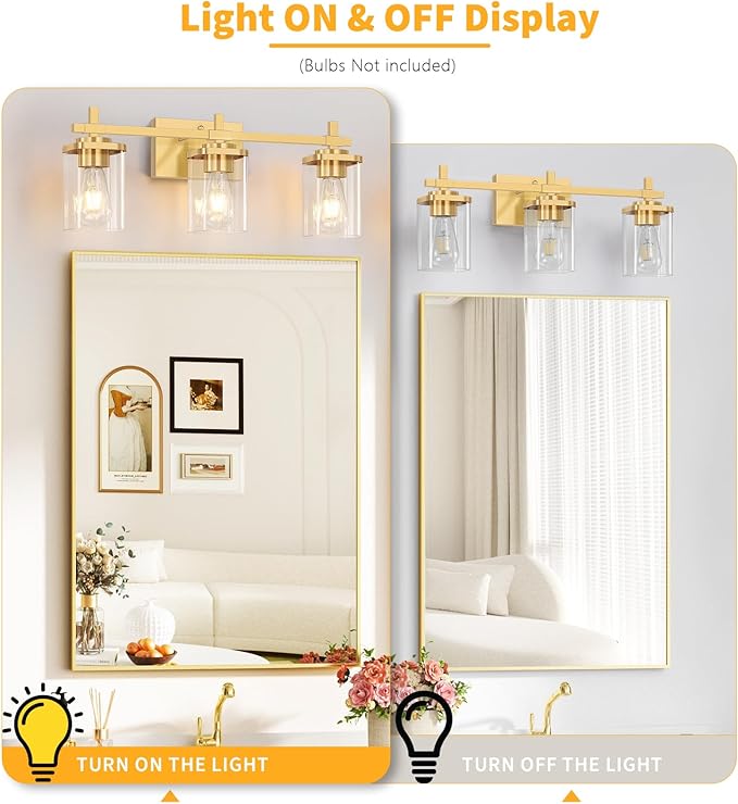 3-Lights Gold Bathroom Light Fixtures, Bathroom Vanity Light Over Mirror, Brushed Gold Wall Lights with Glass Shades, Indoor Wall Mounted Lamp for Living Room Bedroom Hallway