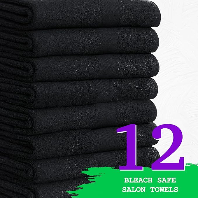 GREEN LIFESTYLE Black Microfiber Bleach Safe Towel Bulk Sets, Premium Spa Quality, Super Soft and Absorbent for Gym, Pool, Spa, Salon and Home (12 Pack)
