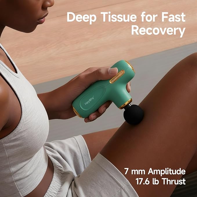 HEYCHY Super Mini Massage Gun Deep Tissue, Handheld Muscle Massager with 4 Heads, Quiet Percussion Travel Size Massager for Back Pain Relief, Home, Gym & Office, Green