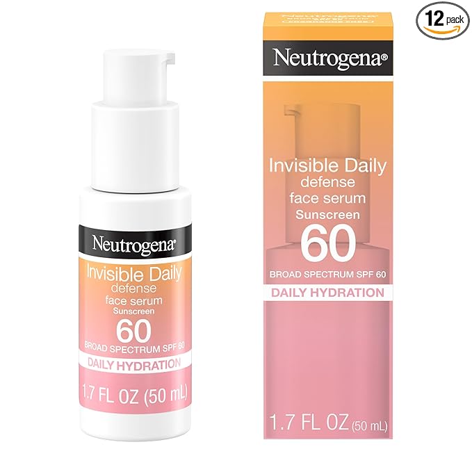 Neutrogena Invisible Daily Defense Broad Spectrum SPF 60, Antioxidants for Skin Glow, Hydrating Face Sunscreen Serum, Water Resistant (80 minutes), Oil-Free, Fragrance Free, Non Comedogenic, 1.7 Fl Oz