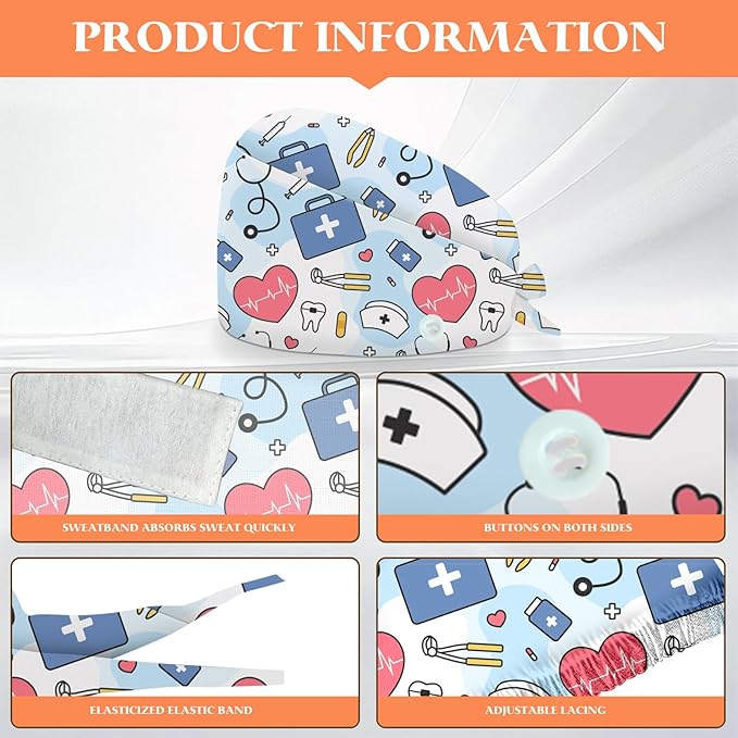 Adjustable Scrub Cap with Buttons & Sweatband, Working Hat with Elastic Tie Back, Unisex Nurse Surgical Caps for Women & Men