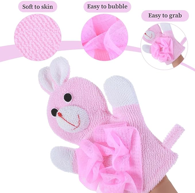 JIEYAO 2 Pcs Bath Mitt Washcloths Gloves, Cute Cartoon Exfoliating Glove Body Scrubber, Gentle Soft Scrub Bath Loofahs Sponges for Shower Wash Cute Design Glove Easy to Lather(Pink Rabbit Yellow Duck)