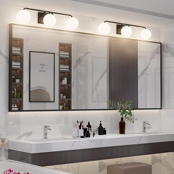 Tipace Mid Century Modern Bathroom Vanity Lights Fixtures 3-Light Black Milk White Globe Glass Industrial Vanity Lighting Over Mirror (Exclude Bulb)