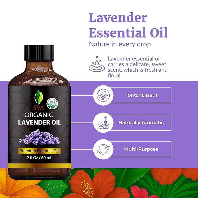 SVA Lavender Essential Oil Organic – 2 Fl Oz – 100% Natural Organic Lavender Oil - for Diffuser, Hair, Face, Skin Care, Aromatherapy, Scalp and Body Massage, Soap and Candle Making - with Dropper