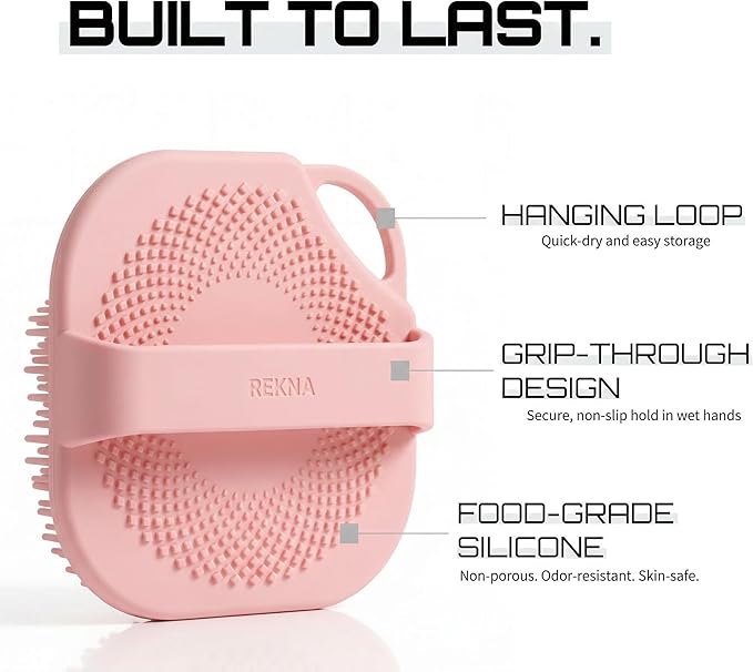 Silicone Body Scrubber for Shower - Exfoliating Body Brush with Non-Slip Grip - Durable Loofah Alternative - Soft Bristles for Gentle Cleansing, High Lather & Quick Drying, Pink