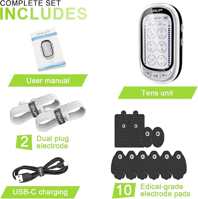 CESLIFF Dual Channel TENS EMS Unit Large Screen 24 Modes 36 Levels Intensity Muscle Stimulator, Rechargeable Electric Pulse Massager TENS Machine for Lower Back Neck Shoulder Pain Relief with 10 Pads