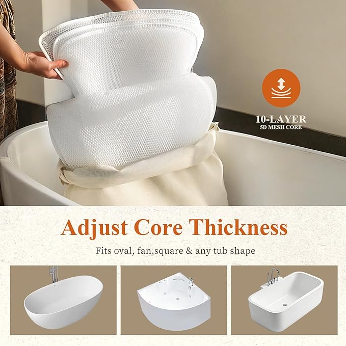 Luxury Bathtub Pillow,Gift for Mother's Day,Head,Neck & Back Support,Quick-Drying 5D Mesh Core,Adjustable Thickness Fits Any Bathtubs,Easy to Maintain,Beige