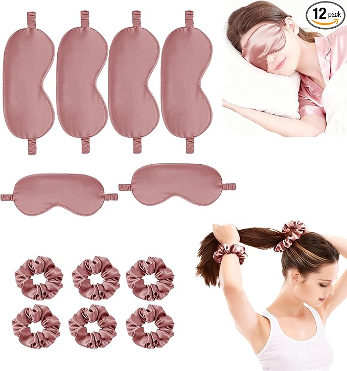 12Pcs Silk Sleep Masks Satin Eye Mask Silky Eyes Cover Blindfold Eyeshade Hair Ties Scrunchy Travel Bridesmaids Gifts
