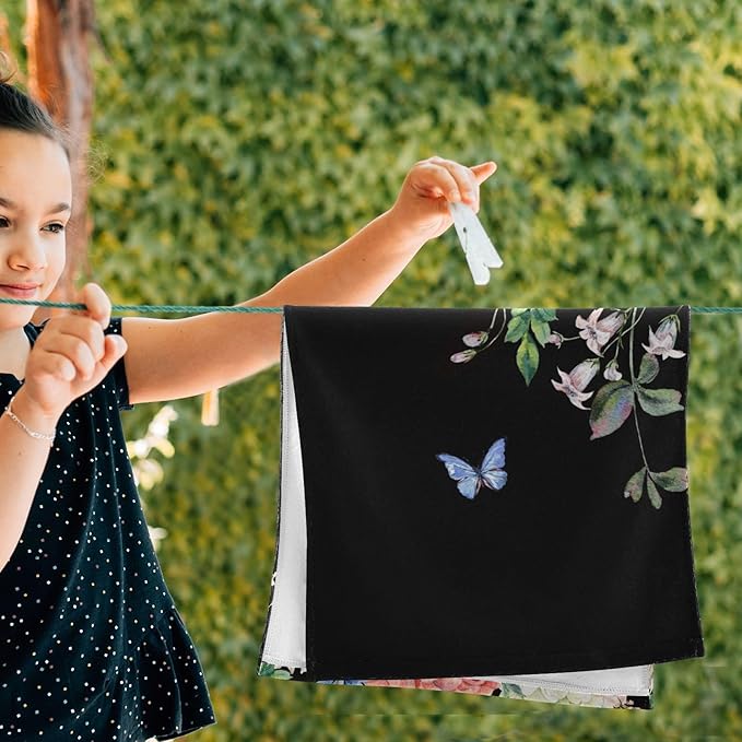 Peony Floral Black Hand Towels for Bathroom Set of 2,Vintage Blooming Flower Butterfly Bouquet Decorative Bathroom Towels for Bath,Face,Hair,Soft Absorbent Dish Towels for Kitchen 28"x14"